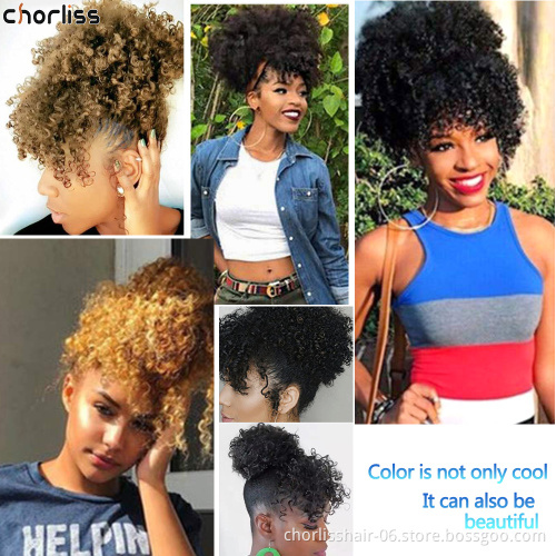 Best Selling Mutl-Color 4 Inch Real Curly Messy Bun For Women Kinky Curl Puff Afro Drawstring Synthetic Chignon With Bangs